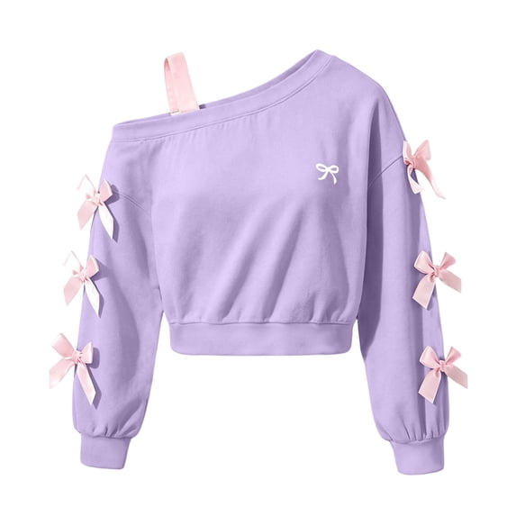 BLVB Girls off the Shoulder Sweatshirt Cute Long Sleeve Crop Pullover Tops Bowknot Fall Fashion Clothes for Teen Girls(Purple,14-15 Years)