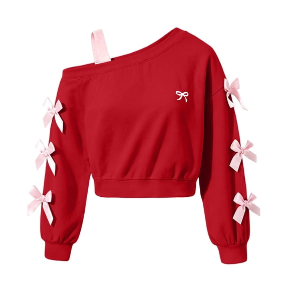 BLVB Girls off the Shoulder Sweatshirt Cute Long Sleeve Crop Pullover Tops Bowknot Fall Fashion Clothes for Teen Girls(Red,11-12 Years)