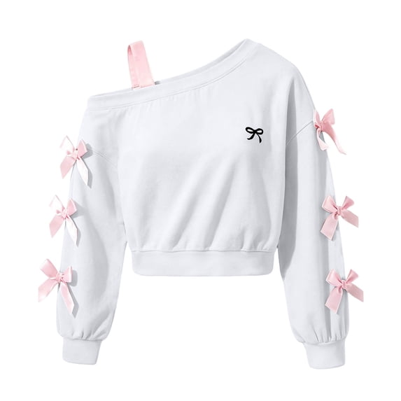BLVB Girls off the Shoulder Sweatshirt Cute Long Sleeve Crop Pullover Tops Bowknot Fall Fashion Clothes for Teen Girls(White,14-15 Years)