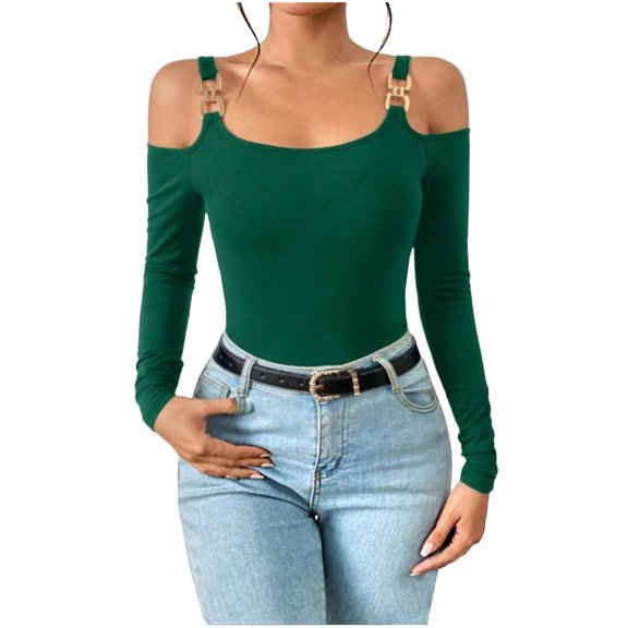 BLVB Going out Tops for Women Long Sleeve Cold Shoulder Slim T Shirts Trendy Square Neck Blouses Club Nightout Shirt