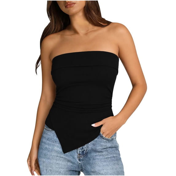 BLVB Going out Tube Tops for Women Trendy Summer Asymmetrical Ruched Strapless Bandeau Cami Shirts Ribbed Knit Spring Clothes