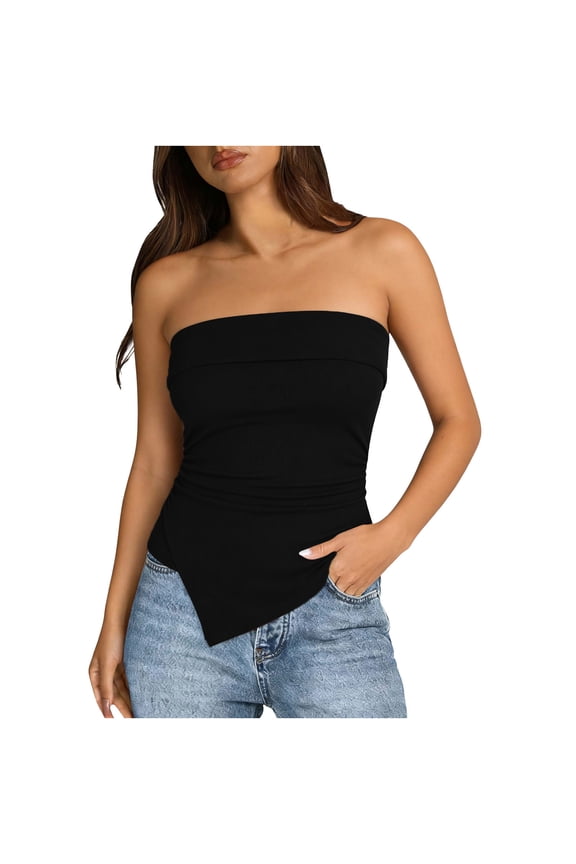 Going out Tube Tops for Women Trendy Summer Asymmetrical Ruched Strapless Bandeau Cami Shirts Ribbed Knit Spring Clothes