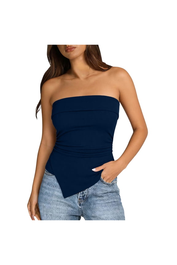 Going out Tube Tops for Women Trendy Summer Asymmetrical Ruched Strapless Bandeau Cami Shirts Ribbed Knit Spring Clothes