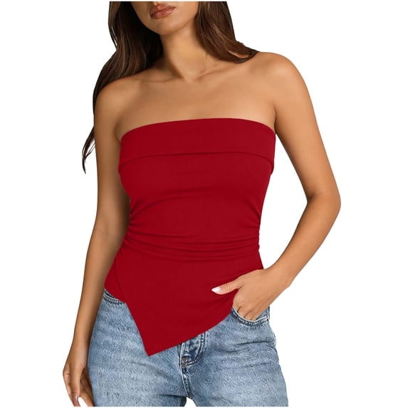 BLVB Going out Tube Tops for Women Trendy Summer Asymmetrical Ruched Strapless Bandeau Cami Shirts Ribbed Knit Spring Clothes