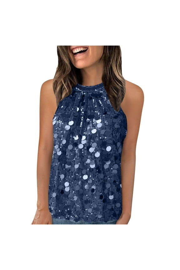 Halter Sequin Tank Tops for Women Sleeveless Sparkly Glitter Club Outfits Flowy Shiny Party Concert Shirt Fashion Clothes