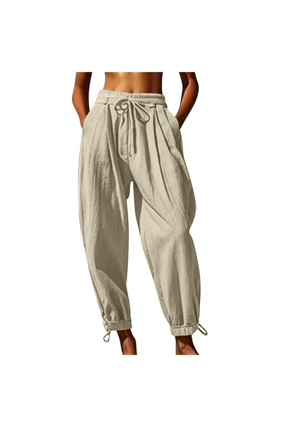 Harem Pants for Women Summer High Waist Elastic Taper Leg Lounge Pant Casual Loose Boho Beach Trousers with Pockets