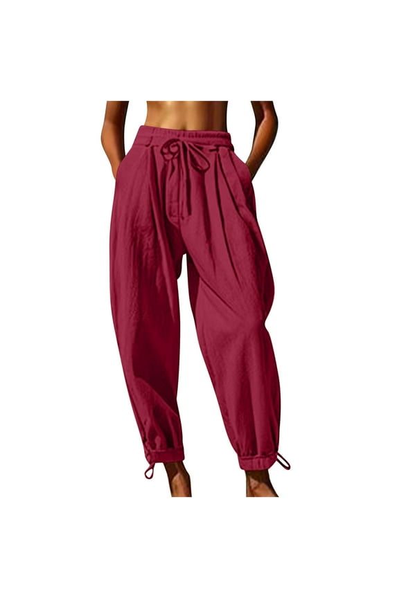 Harem Pants for Women Summer High Waist Elastic Taper Leg Lounge Pant Casual Loose Boho Beach Trousers with Pockets