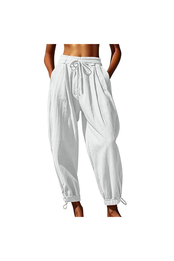 Harem Pants for Women Summer High Waist Elastic Taper Leg Lounge Pant Casual Loose Boho Beach Trousers with Pockets