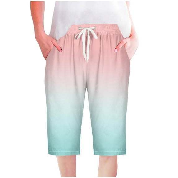 BLVB High Waisted Shorts Women Loose Casual Knee Length Beach Shorts Drawstring Wide Leg Capri Pants Summer Clothes