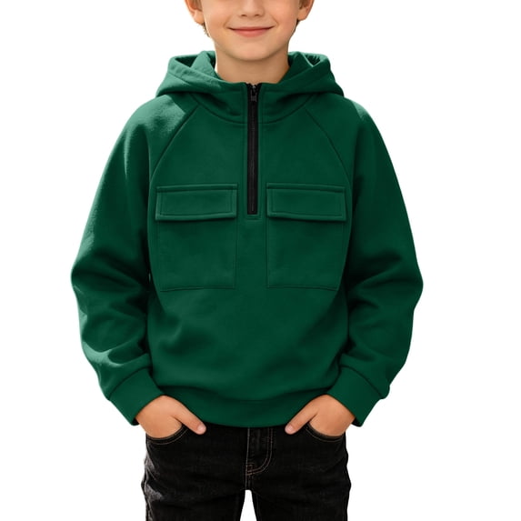 BLVB Hoodies for Boys Quarter Zip Pullover Teen Fleece Hooded Sweatshirt Fashion Hoodie Kids Fall Winter Clothes(Green,14-15 Years)
