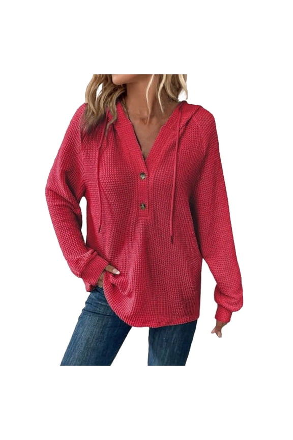Hoodies for Women Knit V Neck Oversized Sweatershirt Button down Drawstring Hooded Pullover Tops Sweaters for Fall Fashion