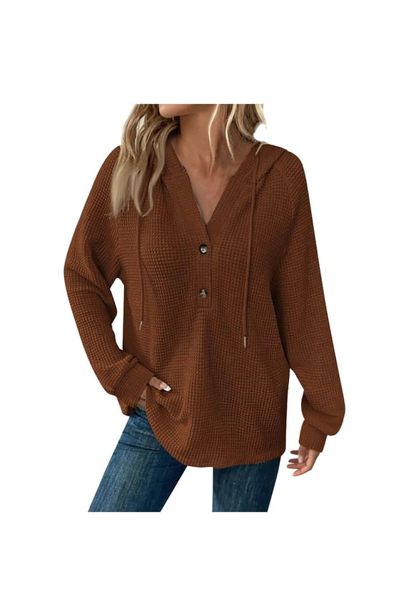 Hoodies for Women Knit V Neck Oversized Sweatershirt Button down Drawstring Hooded Pullover Tops Sweaters for Fall Fashion