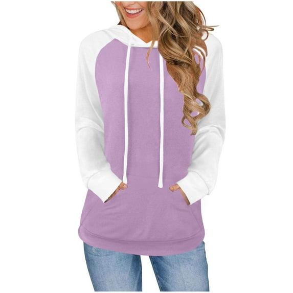 BLVB Hoodies for Women Lightweight Long Sleeve Sweatshirt Drawstring Loose Fit Color Block Pullover Tunic Tops with Pocket