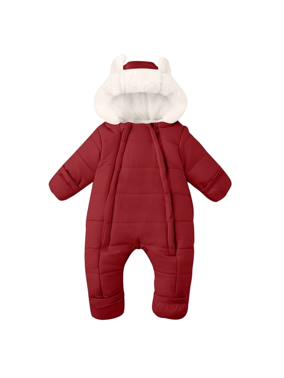 Infant Baby Boy Girl Winter Fleece Lined Snowsuit Zipper Jacket Toddler Jumpsuit Warm Rompers Coat(Red,12-18 Months)