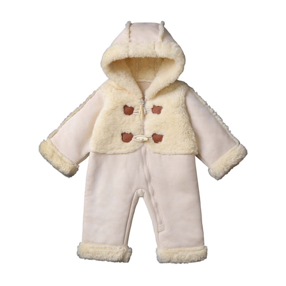 BLVB Infant Toddler Snowsuit Cute Baby Newborn Winter Coat Warm Zip-Up Hooded Jumpsuit Fleece Rompers for Boys Girls(Beige,0-6 Months)