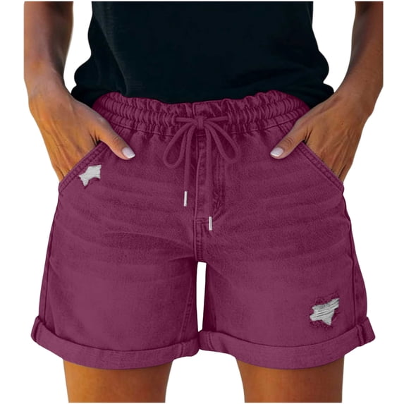 BLVB Jean Shorts Womens Stretchy High Waisted Summer Folded Hem Ripped Denim Shorts Pull on Trendy Drawstring Denim Shorts
