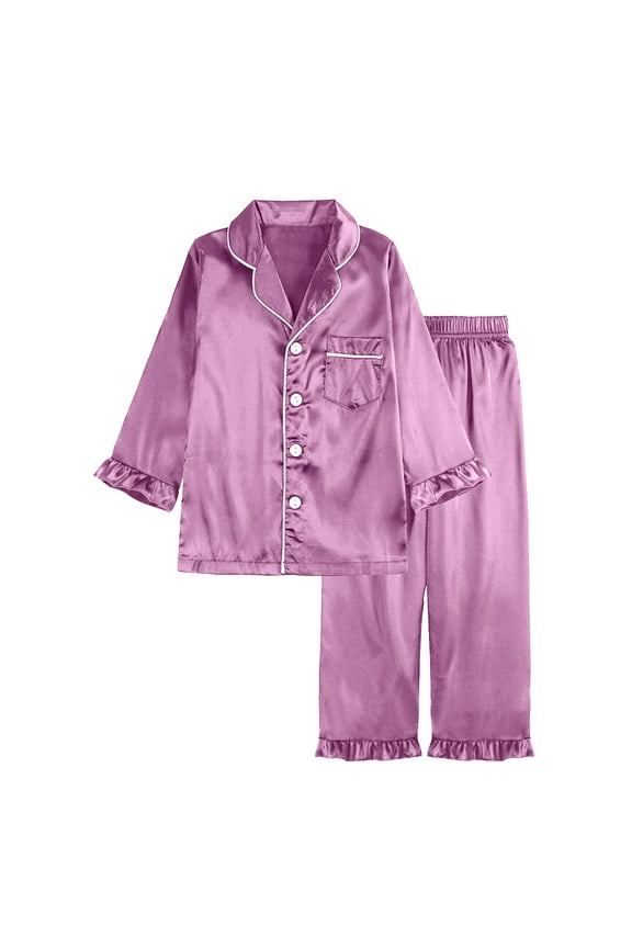Kids Girl Satin Pajamas Set Button down Sleep Shirt Top with Long Pants Bottoms Sleepwear Loungewear Clothes