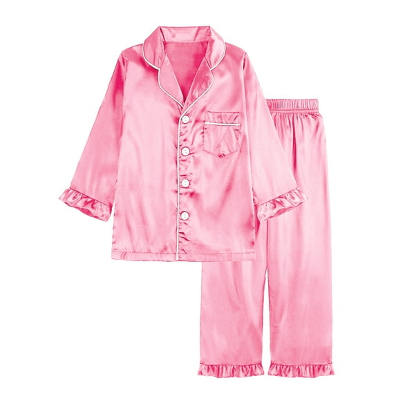 BLVB Kids Girl Satin Pajamas Set Button down Sleep Shirt Top with Long Pants Bottoms Sleepwear Loungewear Clothes