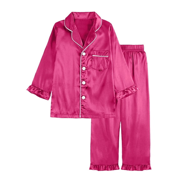 BLVB Kids Girl Satin Pajamas Set Button down Sleep Shirt Top with Long Pants Bottoms Sleepwear Loungewear Clothes