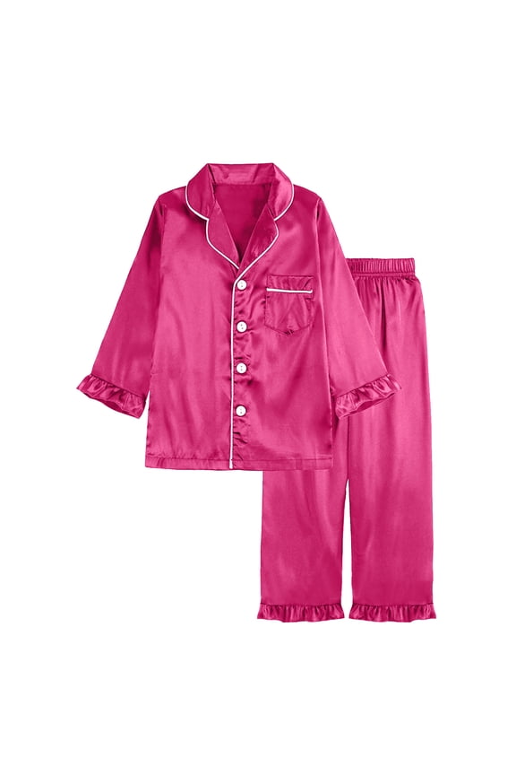 Kids Girl Satin Pajamas Set Button down Sleep Shirt Top with Long Pants Bottoms Sleepwear Loungewear Clothes