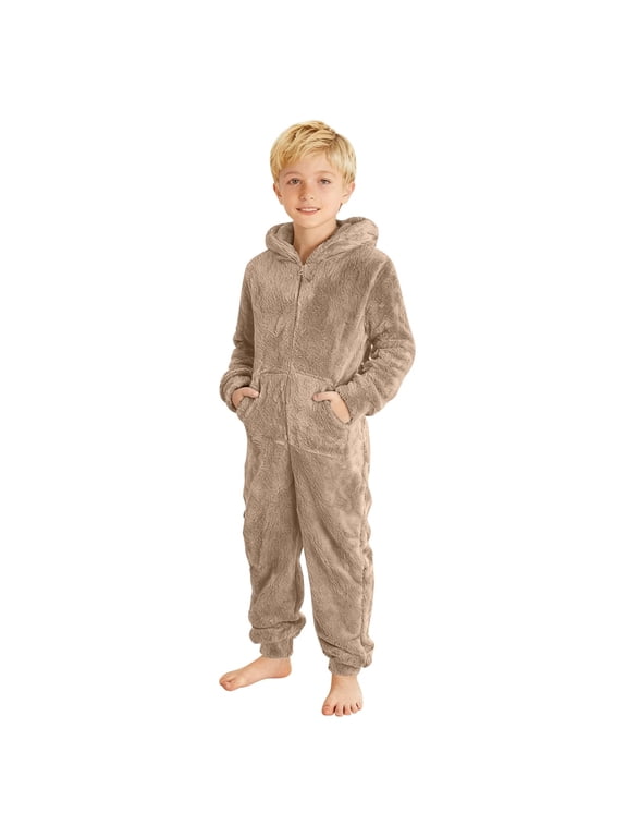 Kids Girls Boys Onesie Fleece Hooded Jumpsuit Fuzzy Winter Zip up One-Piece Romper Soft Warm Loungewear(Khaki,7-8 Years)