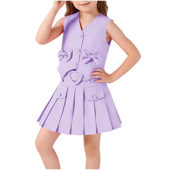 BLVB Kids Girls Summer 2 Piece Outfits Solid Color Sleeveless Button Vest Tank Tops Pleated Skirt with Belt Fashion Clothes Set