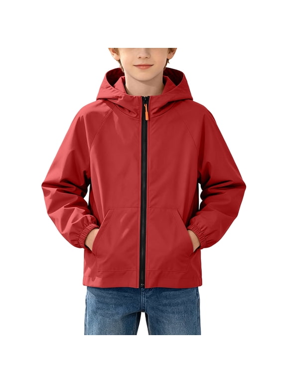 Kids Rain Jacket Waterproof Raincoats Boys Girls Lightweight Zip up Hooded Windbreakers for Climbing Camping Casual(Red,4-5 Years)