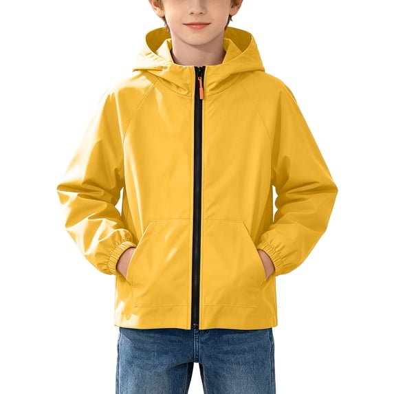 BLVB Kids Rain Jacket Waterproof Raincoats Boys Girls Lightweight Zip up Hooded Windbreakers for Climbing Camping Casual(Yellow,14-15 Years)