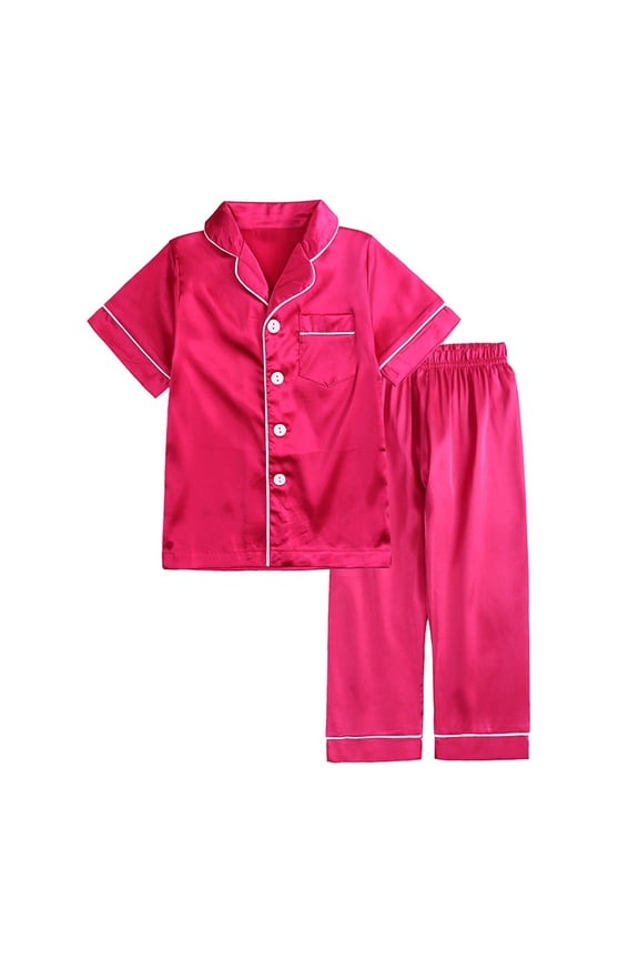 Kids Toddler Baby Girl Boy Satin Pajamas Set Short Sleeve Button down Pajama Shirt Top+ Long Pants Bottoms Sleepwear Outfits Loungewear Clothes