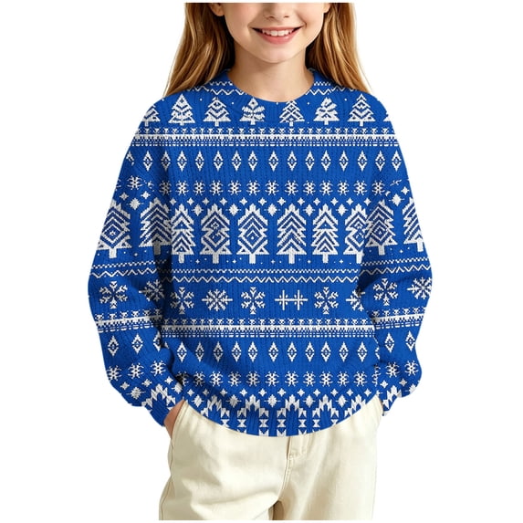 BLVB Kids Ugly Christmas Sweater Girls Boys Holiday Pullover Crewneck Long Sleeve Tops Knitwear for Aged 5-15 Years(Blue-02,5-6 Years)