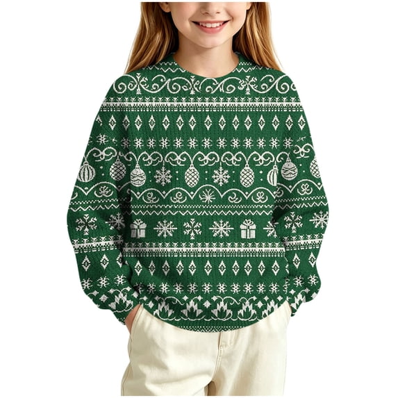BLVB Kids Ugly Christmas Sweater Girls Boys Holiday Pullover Crewneck Long Sleeve Tops Knitwear for Aged 5-15 Years(Green,11-12 Years)