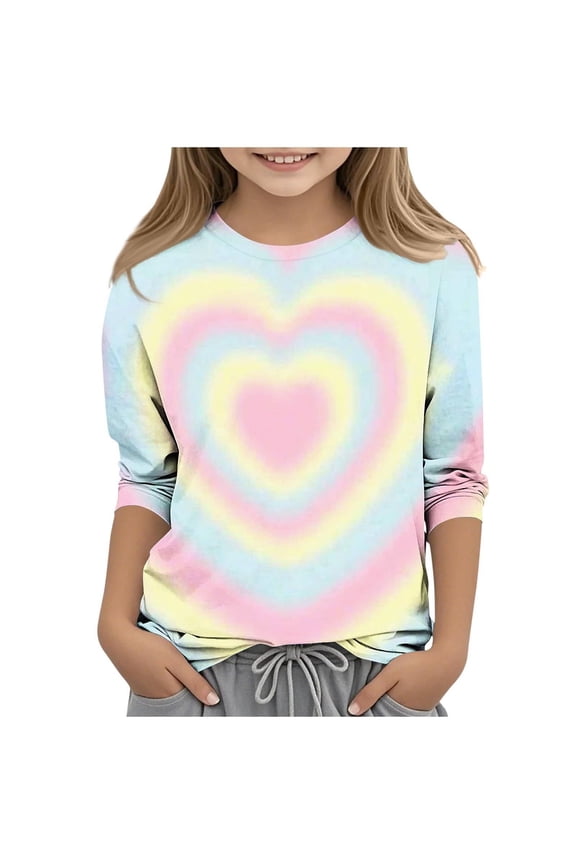 Kids Valentine Shirt Girls Valentines Shirts Casual Basic Tees Cute Heart Grpahic 3/4 Sleeve Tops 3-12Y