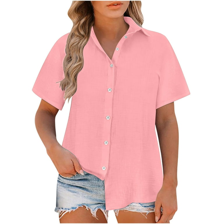 BLVB Linen Button down Shirt Women Cotton Short Sleeve Blouses V