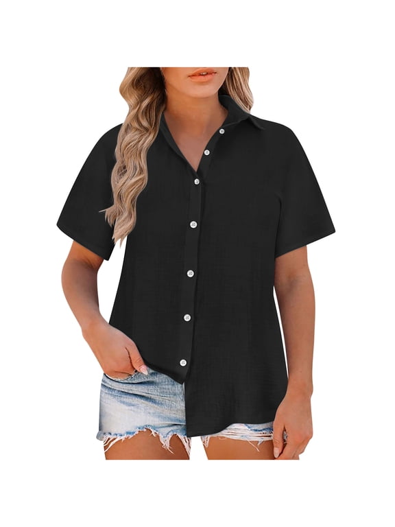 Linen Button down Shirt Women Cotton Short Sleeve Blouses V Neck Collared Summer Plus Size Beach Tops