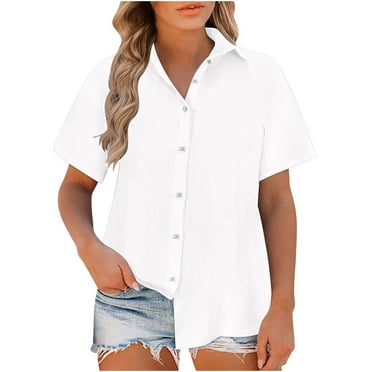 BLVB Linen Button down Shirt Women Cotton Short Sleeve Blouses V Neck Collared Summer Plus Size Beach Tops