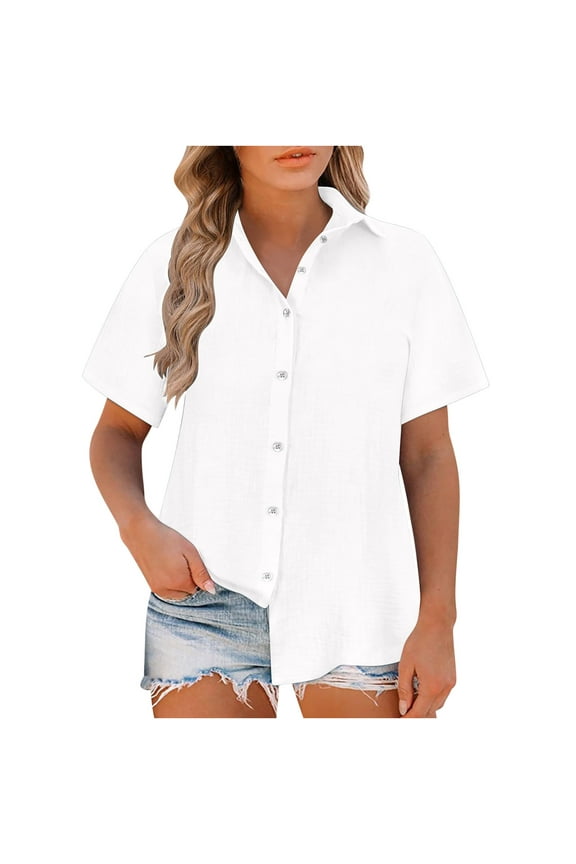 Linen Button down Shirt Women Cotton Short Sleeve Blouses V Neck Collared Summer Plus Size Beach Tops