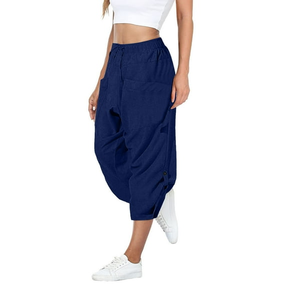 BLVB Linen Capri Pants for Women Casual Elastic Drawstring Waist Summer Wide Leg Pants Baggy Comfy Lounge Beach Capris
