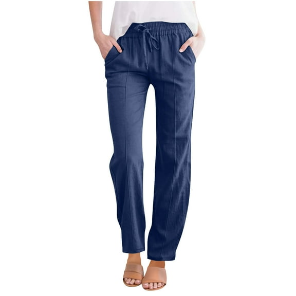 BLVB Linen Pants Women Beach Vacation Elastic Waist Drawstring Cotton Linen Trousers Pant with Pockets Loose Casual Summer Clothes