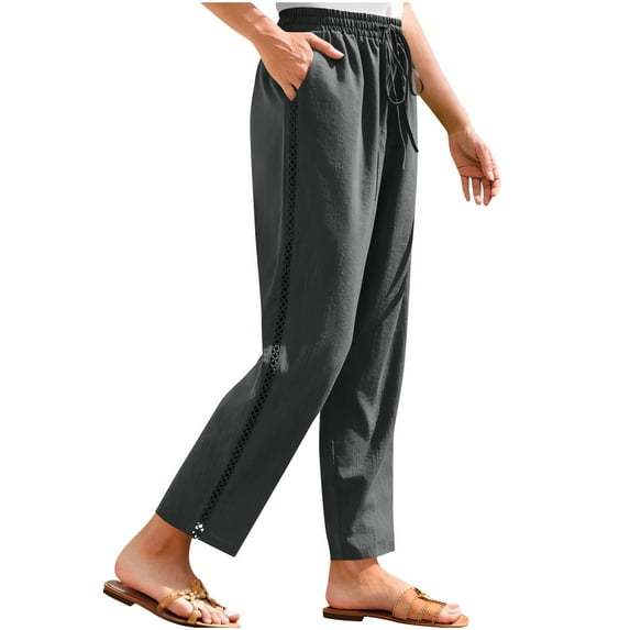 BLVB Linen Pants Women Summer Casual Loose Wide Leg Beach Lounge Pants Drawstring Waist Vacation Outfits with Pockets