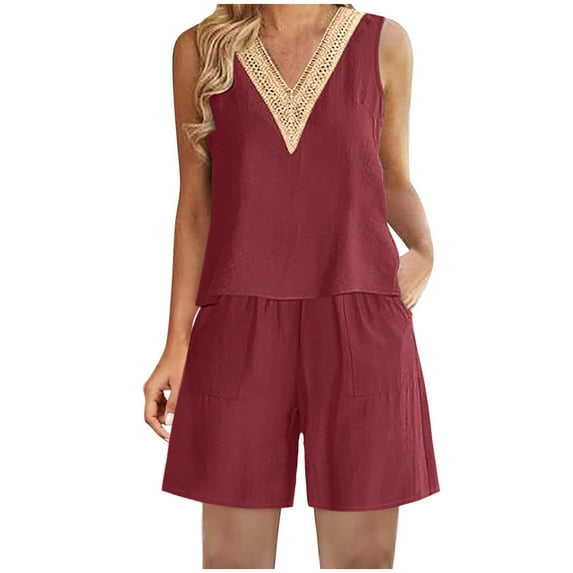 BLVB Linen Shorts Sets Women 2 Piece Outfits Lace Trim V Neck Tank Top High Waisted Shorts Lounge Sets Summer Boho Beach Outfits