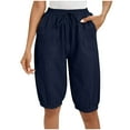 thumbnail image 1 of BLVB Linen Shorts for Women Knee Length Shorts Drawstring Elastic Waist Summer Casual Beach Shorts with Pockets, 1 of 7