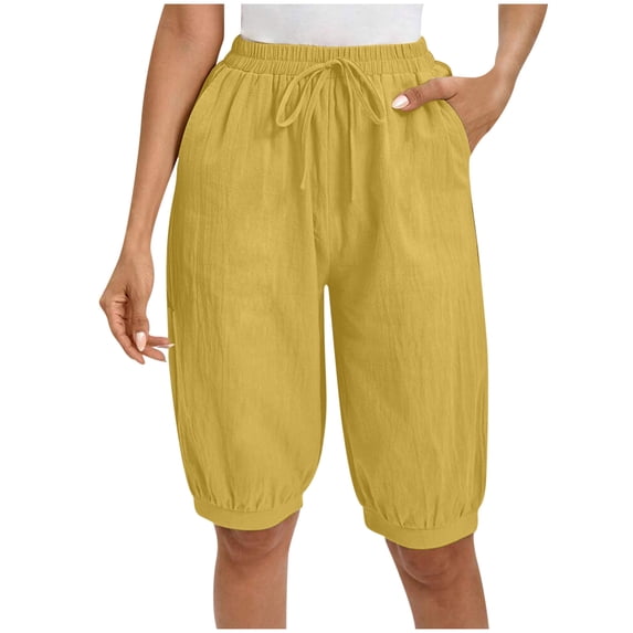 BLVB Linen Shorts for Women Knee Length Shorts Drawstring Elastic Waist Summer Casual Beach Shorts with Pockets