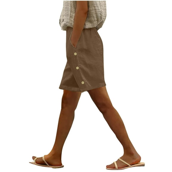 BLVB Linen Shorts for Women Knee Length Bermuda Shorts Summer Casual Loose Button Beach Capris Pants with Pockets