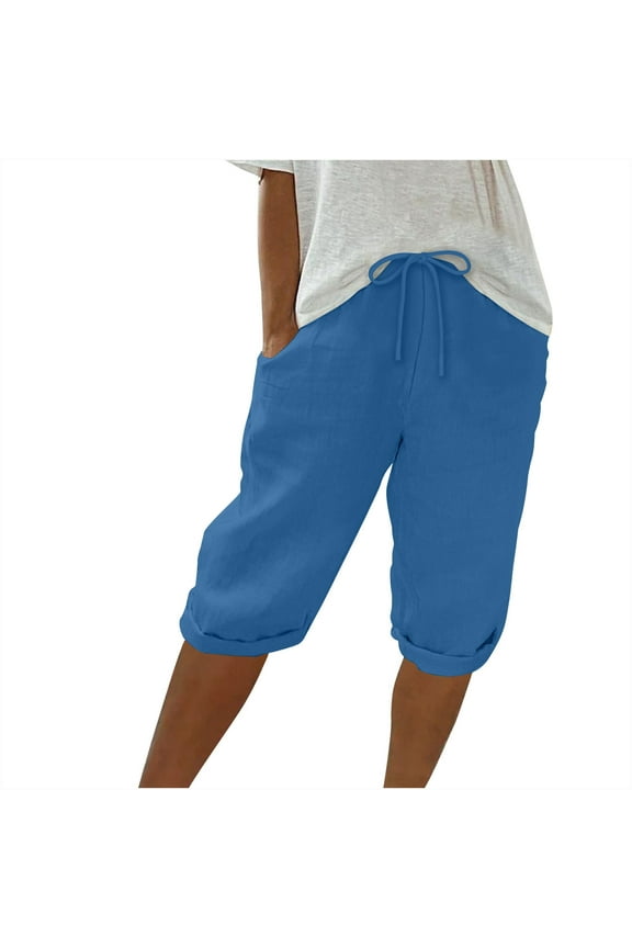 Linen Shorts for Women Trendy Summer Beach Drawstring Knee Length Shorts Loose Capris Fashion Clothes