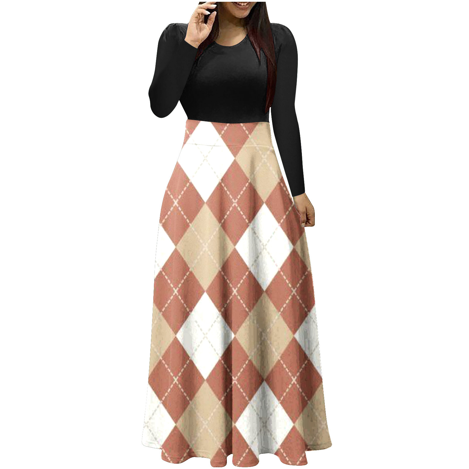 Long sleeve crewneck mesh patchwork maxi dress