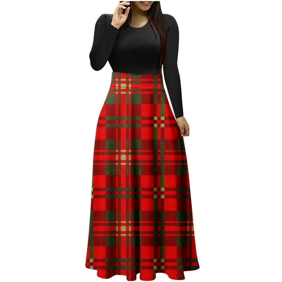 BLVB Long Sleeve Dress for Women Crewneck Christmas Print High Waist Patchwork Bohemian Long Maxi Dress Evening Gown Dress