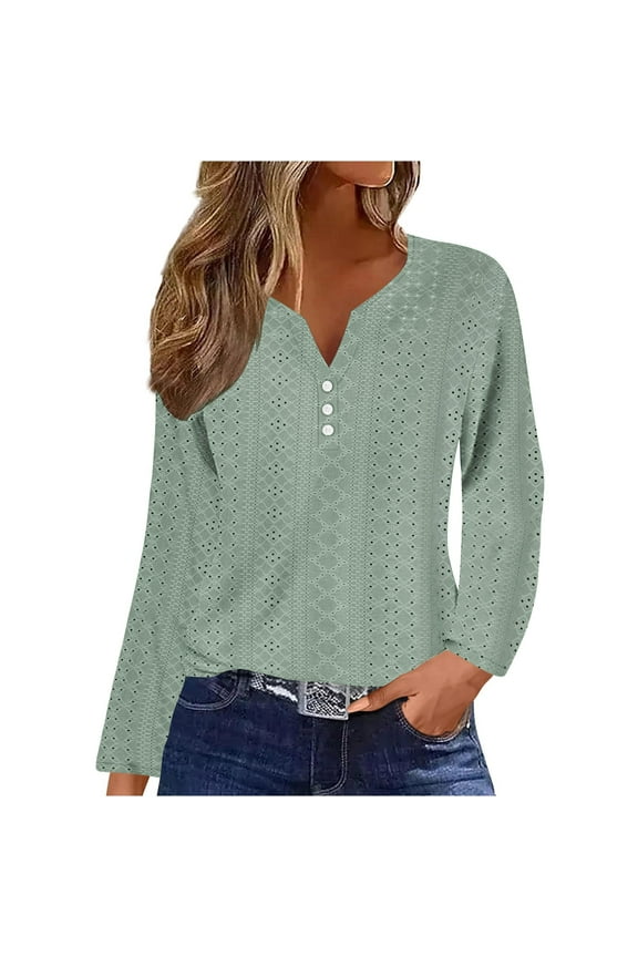 Long Sleeve Eyelet Tops for Women Trendy Spring Summer T Shirts V Neck Casual Dressy Loose Tunic Tee Blouses