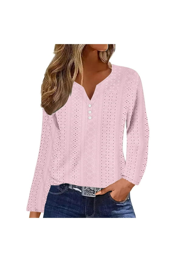 Long Sleeve Eyelet Tops for Women Trendy Spring Summer T Shirts V Neck Casual Dressy Loose Tunic Tee Blouses