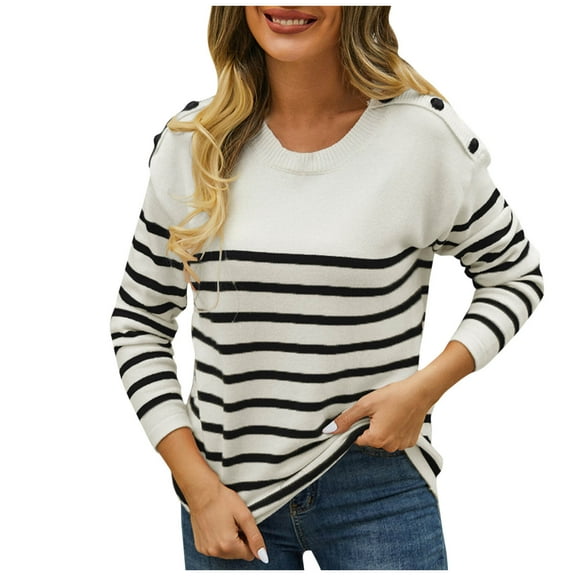 BLVB Long Sleeve Knitted Tops for Women Casual Striped Crewneck Loose Pullover Blouse Shirts Fall Clothes