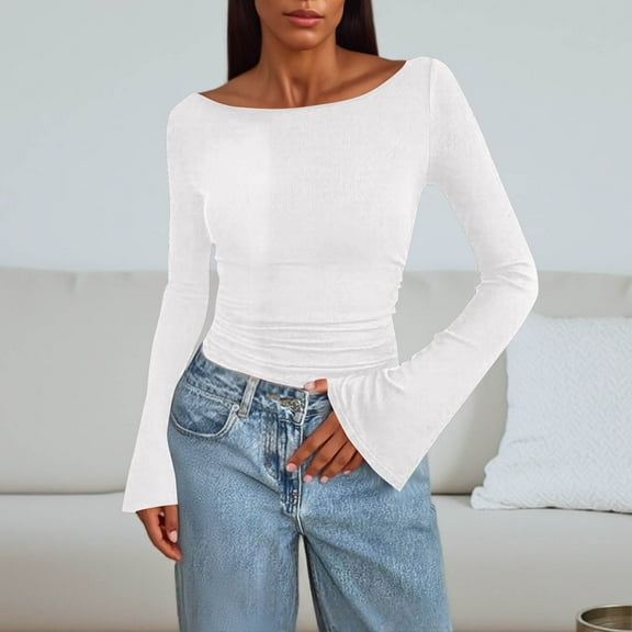 BLVB Long Sleeve Shirts for Women Boat Neck Ribbed Knit Ruched Fitted Going out Tops Casual Basic Tees Fall Spring Clothes Outfits